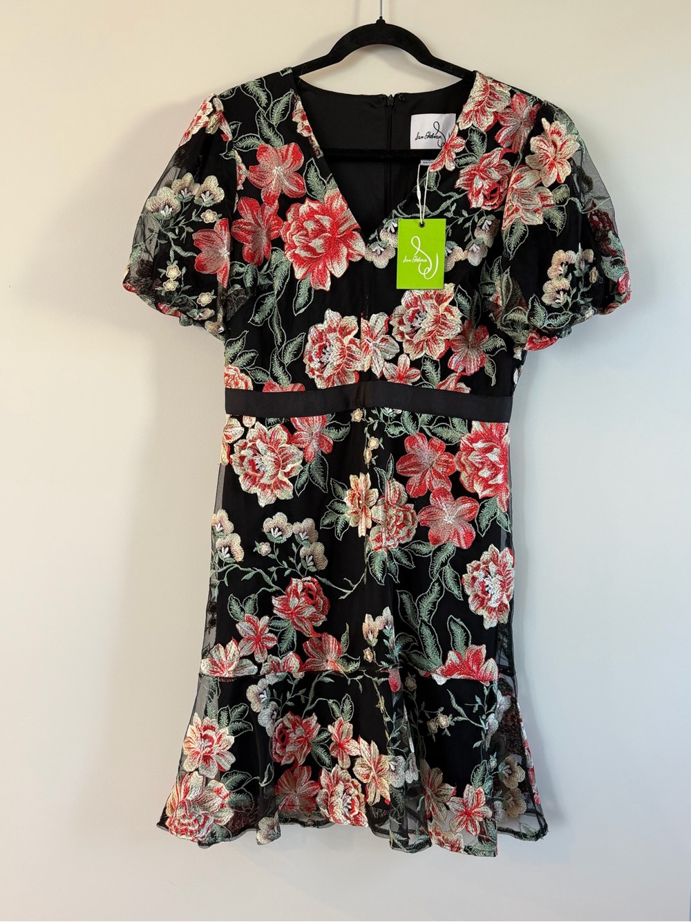 Sam Edelman Vintage Floral EmbroideryBlack Dress with Red & Cream Flowers